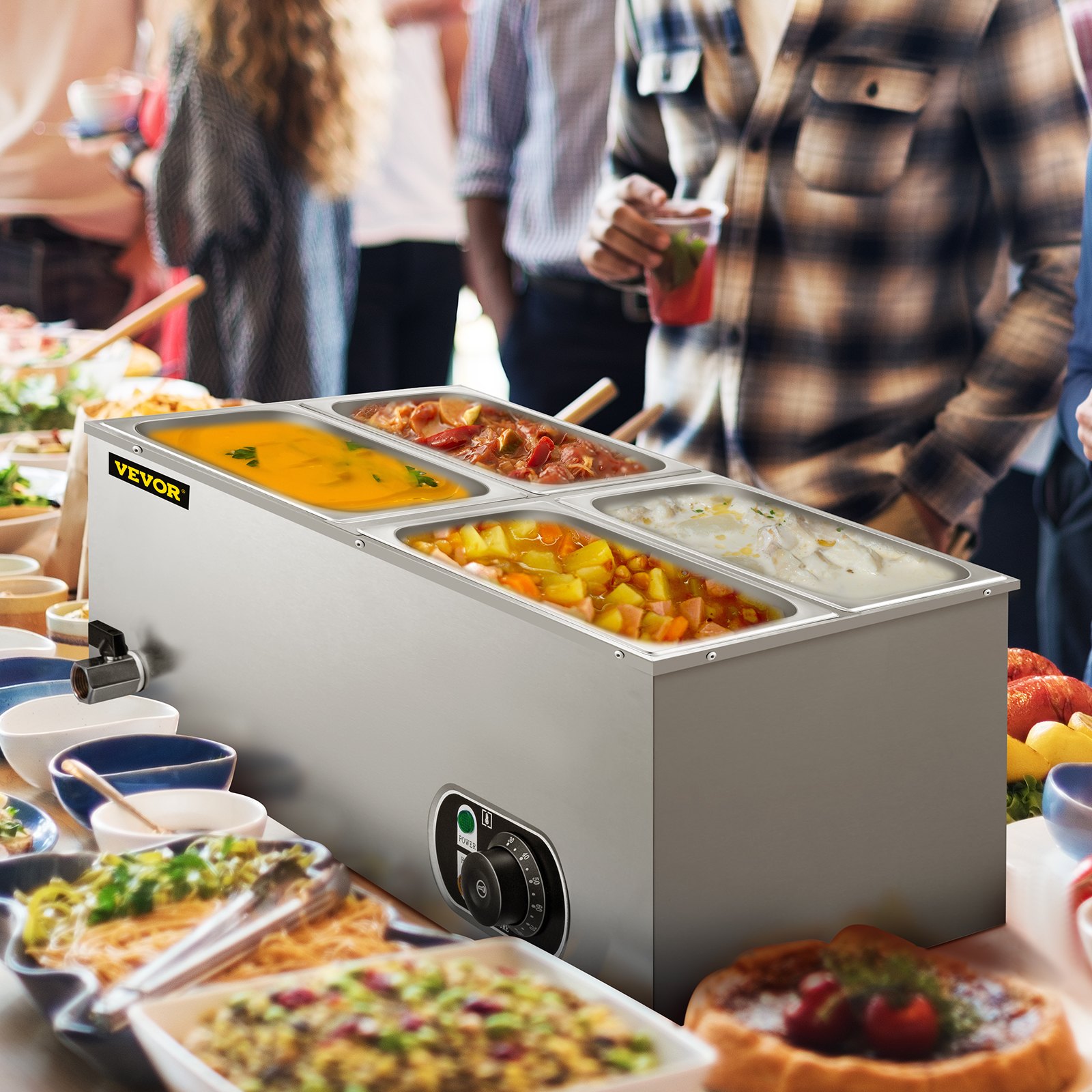 Calentador de alimentos comercial VEVOR de 110 V, 4 bandejas de acero inoxidable de 1/4 GN, capacidad de 14.8 cuartos de galón, mesa de vapor de 1500 W, 15 cm de profundidad, control de temperatura de 86-185 °C, calentador de sopa eléctrico con tapas y 2 cucharones.