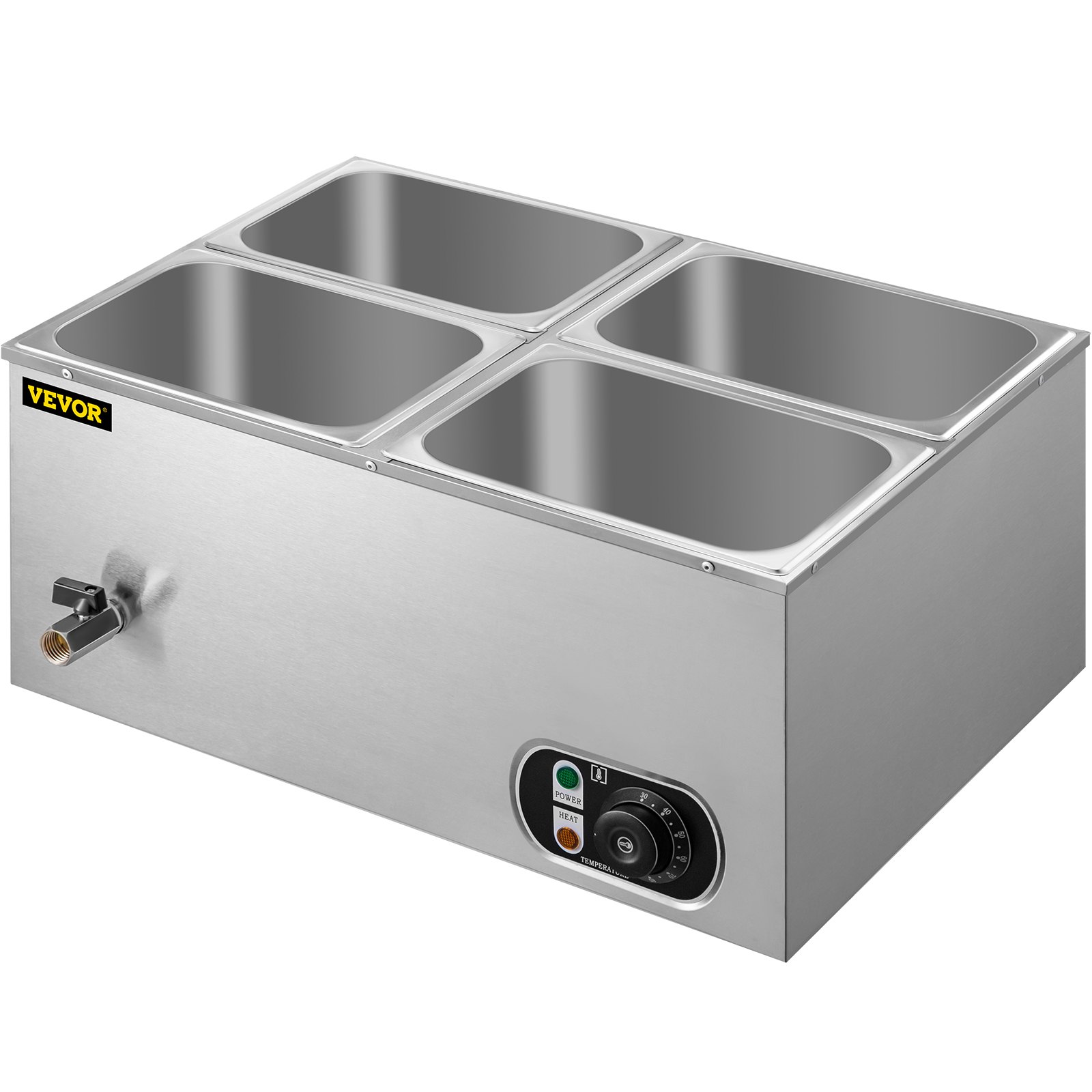 Calentador de alimentos comercial VEVOR de 110 V, 4 bandejas de acero inoxidable de 1/4 GN, capacidad de 14.8 cuartos de galón, mesa de vapor de 1500 W, 15 cm de profundidad, control de temperatura de 86-185 °C, calentador de sopa eléctrico con tapas y 2 cucharones.