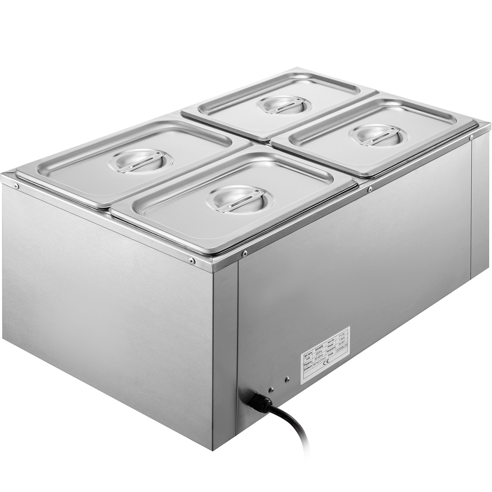 Calentador de alimentos comercial VEVOR de 110 V, 4 bandejas de acero inoxidable de 1/4 GN, capacidad de 14.8 cuartos de galón, mesa de vapor de 1500 W, 15 cm de profundidad, control de temperatura de 86-185 °C, calentador de sopa eléctrico con tapas y 2 cucharones.