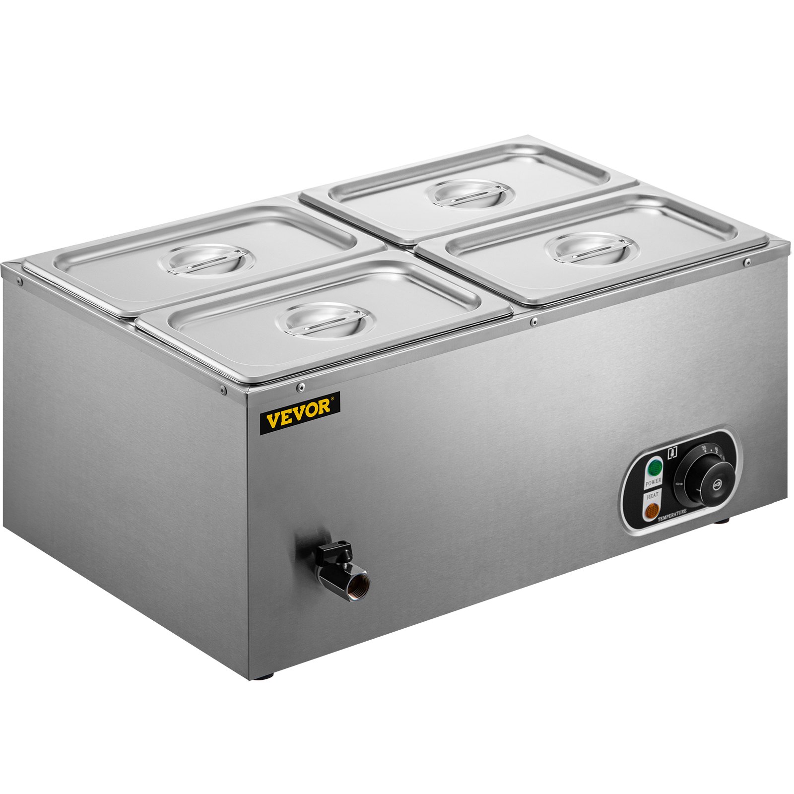 Calentador de alimentos comercial VEVOR de 110 V, 4 bandejas de acero inoxidable de 1/4 GN, capacidad de 14.8 cuartos de galón, mesa de vapor de 1500 W, 15 cm de profundidad, control de temperatura de 86-185 °C, calentador de sopa eléctrico con tapas y 2 cucharones.