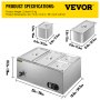 Calentador de alimentos comercial VEVOR de 110 V, 2 bandejas GN 1/3 y 2 bandejas GN 1/6, baño maría de acero inoxidable con 4 bandejas, capacidad de 14.8 cuartos de galón, mesa de vapor de 1500 W, 15 cm de profundidad, control de temperatura de 86-185 °C, calentador de sopa eléctrico con tapas y 2 cucharas.