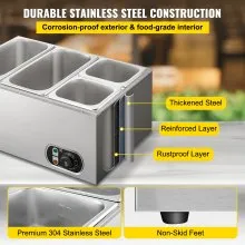 VEVOR Calentador de Comida Calentador de alimentos comercial de 110 V baño María de acero inoxidable de 4 bandejas capacidad de 14,8 cuartos