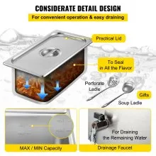 VEVOR Calentador de Comida Calentador de alimentos comercial de 110 V baño María de acero inoxidable de 4 bandejas capacidad de 14,8 cuartos