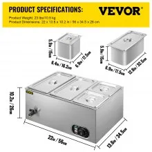 VEVOR Calentador de Comida Calentador de alimentos comercial de 110 V baño María de acero inoxidable de 4 bandejas capacidad de 14,8 cuartos