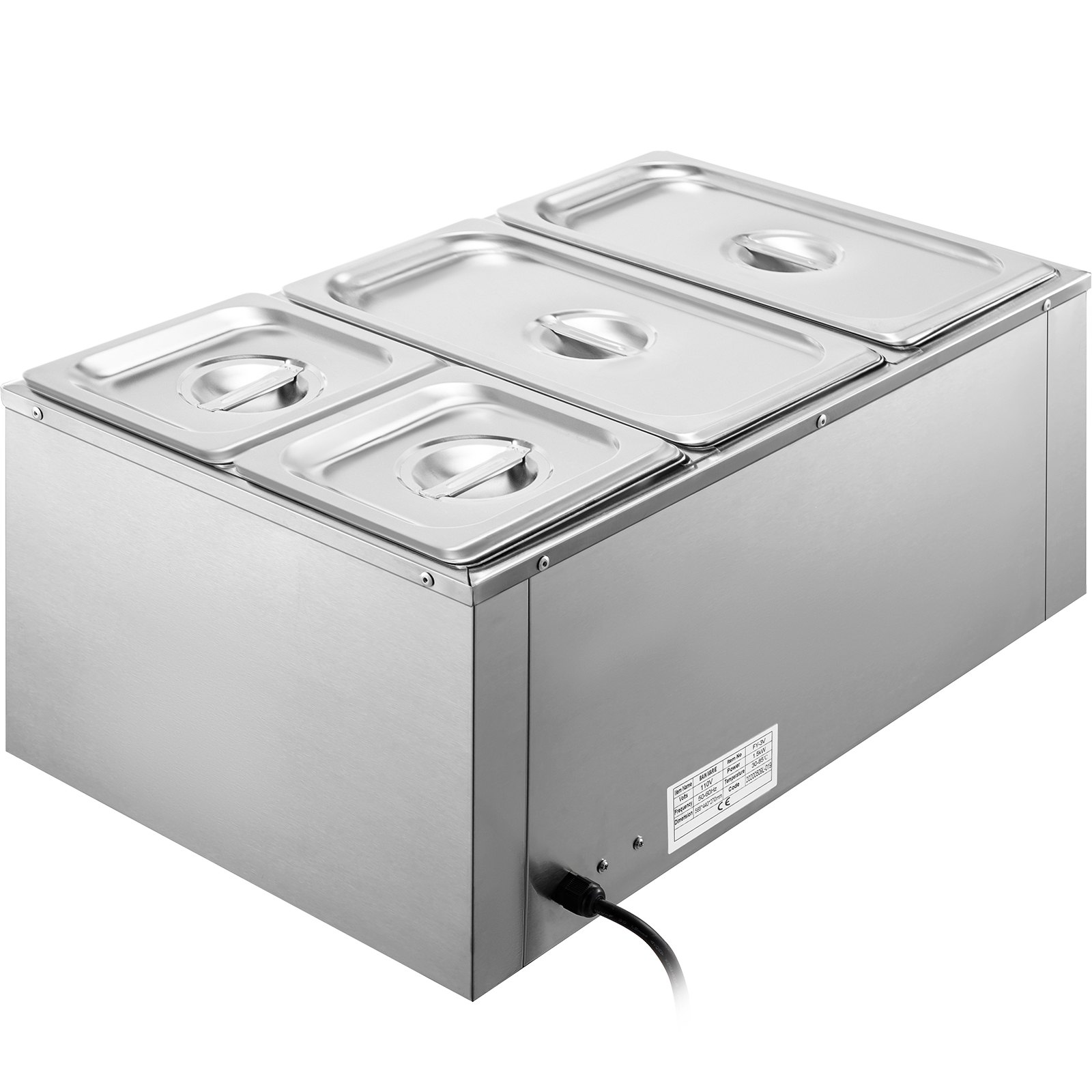 Calentador de alimentos comercial VEVOR de 110 V, 2 bandejas GN 1/3 y 2 bandejas GN 1/6, baño maría de acero inoxidable con 4 bandejas, capacidad de 14.8 cuartos de galón, mesa de vapor de 1500 W, 15 cm de profundidad, control de temperatura de 86-185 °C, calentador de sopa eléctrico con tapas y 2 cucharas.