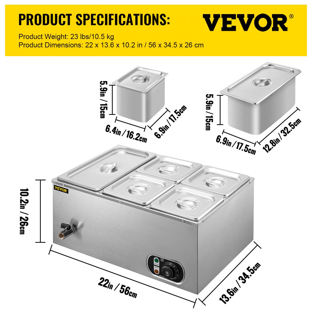 Calentador de alimentos comercial VEVOR de 110 V (1 x 1/3GN y 4 x 1/6GN), baño maría de acero inoxidable con 5 bandejas, capacidad de 13,7 cuartos, mesa de vapor de 1500 W, 15 cm de profundidad, calentador de alimentos eléctrico con tapa para restaurantes de catering.