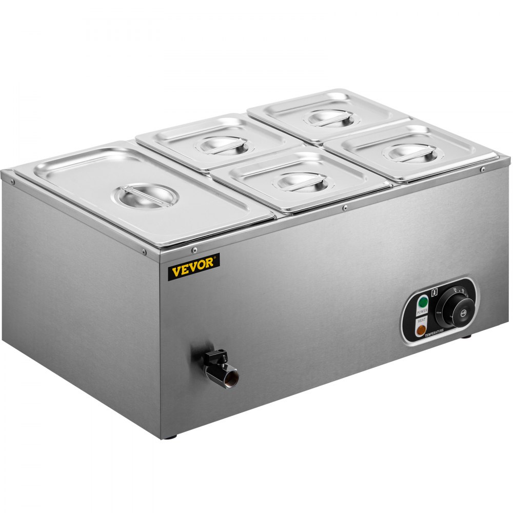 Calentador de alimentos comercial VEVOR de 110 V (1 x 1/3GN y 4 x 1/6GN), baño maría de acero inoxidable con 5 bandejas, capacidad de 13,7 cuartos, mesa de vapor de 1500 W, 15 cm de profundidad, calentador de alimentos eléctrico con tapa para restaurantes de catering.