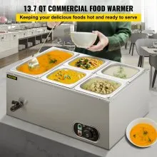VEVOR Calentador de Comida Calentador de alimentos comercial de 110 V baño maría de acero inoxidable de 5 bandejas capacidad de 13,7 cuartos