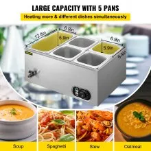 VEVOR Calentador de Comida Calentador de alimentos comercial de 110 V baño maría de acero inoxidable de 5 bandejas capacidad de 13,7 cuartos