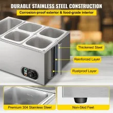 VEVOR Calentador de Comida Calentador de alimentos comercial de 110 V baño maría de acero inoxidable de 5 bandejas capacidad de 13,7 cuartos