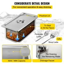 VEVOR Calentador de Comida Calentador de alimentos comercial de 110 V baño maría de acero inoxidable de 5 bandejas capacidad de 13,7 cuartos