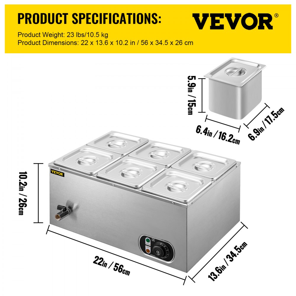 Calentador de alimentos comercial VEVOR de 110 V, 6 bandejas de acero inoxidable de 1/6 GN, capacidad de 12.6 cuartos de galón, mesa de vapor de 1500 W, 15 cm de profundidad, control de temperatura de 86-185 °C, calentador de sopa eléctrico con tapas y 2 cucharones.