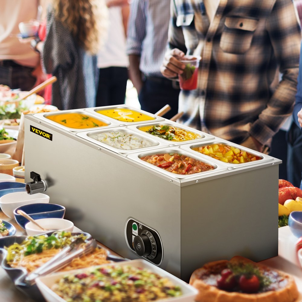 Calentador de alimentos comercial VEVOR de 110 V, 6 bandejas de acero inoxidable de 1/6 GN, capacidad de 12.6 cuartos de galón, mesa de vapor de 1500 W, 15 cm de profundidad, control de temperatura de 86-185 °C, calentador de sopa eléctrico con tapas y 2 cucharones.