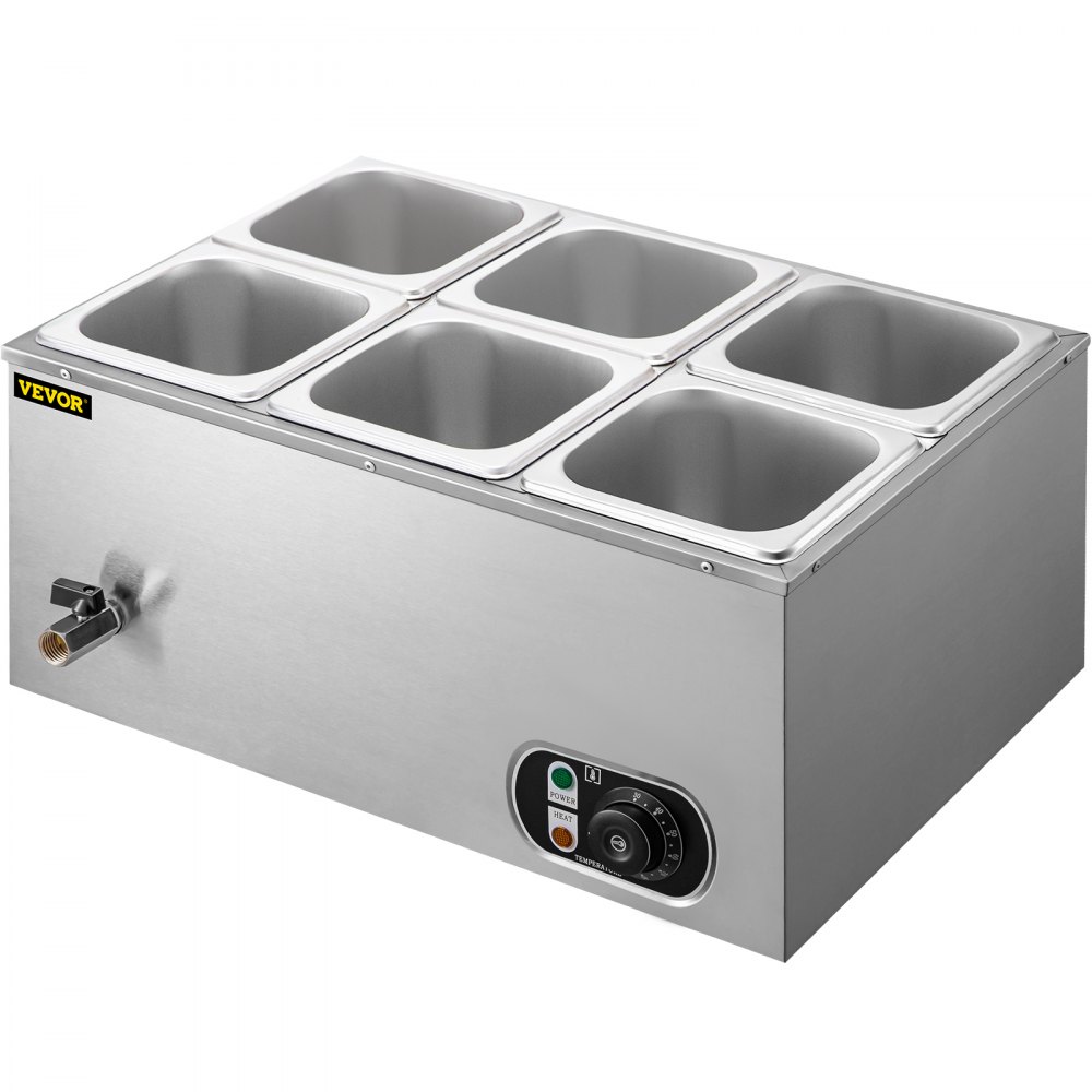 Calentador de alimentos comercial VEVOR de 110 V, 6 bandejas de acero inoxidable de 1/6 GN, capacidad de 12.6 cuartos de galón, mesa de vapor de 1500 W, 15 cm de profundidad, control de temperatura de 86-185 °C, calentador de sopa eléctrico con tapas y 2 cucharones.