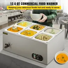 VEVOR Calentador de Comida Calentador de alimentos comercial de 110 V 6x1/6GN baño María de acero inoxidable de 6 bandejas capacidad de 12,6 cuartos