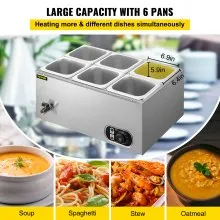 VEVOR Calentador de Comida Calentador de alimentos comercial de 110 V 6x1/6GN baño María de acero inoxidable de 6 bandejas capacidad de 12,6 cuartos