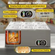VEVOR Calentador de Comida Calentador de alimentos comercial de 110 V 6x1/6GN baño María de acero inoxidable de 6 bandejas capacidad de 12,6 cuartos