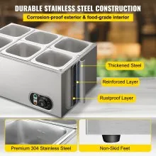 VEVOR Calentador de Comida Calentador de alimentos comercial de 110 V 6x1/6GN baño María de acero inoxidable de 6 bandejas capacidad de 12,6 cuartos