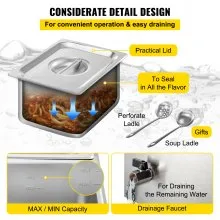 VEVOR Calentador de Comida Calentador de alimentos comercial de 110 V 6x1/6GN baño María de acero inoxidable de 6 bandejas capacidad de 12,6 cuartos