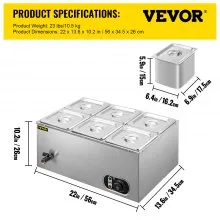 VEVOR Calentador de Comida Calentador de alimentos comercial de 110 V 6x1/6GN baño María de acero inoxidable de 6 bandejas capacidad de 12,6 cuartos