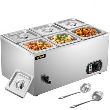 VEVOR Calentador de Comida Calentador de alimentos comercial de 110 V 6x1/6GN baño María de acero inoxidable de 6 bandejas capacidad de 12,6 cuartos
