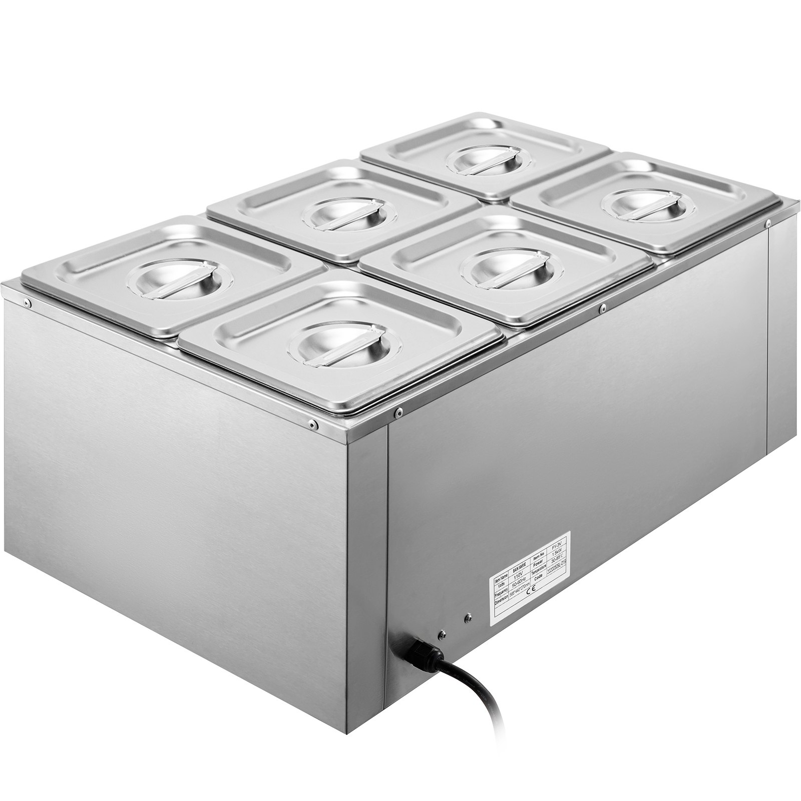 Calentador de alimentos comercial VEVOR de 110 V, 6 bandejas de acero inoxidable de 1/6 GN, capacidad de 12.6 cuartos de galón, mesa de vapor de 1500 W, 15 cm de profundidad, control de temperatura de 86-185 °C, calentador de sopa eléctrico con tapas y 2 cucharones.