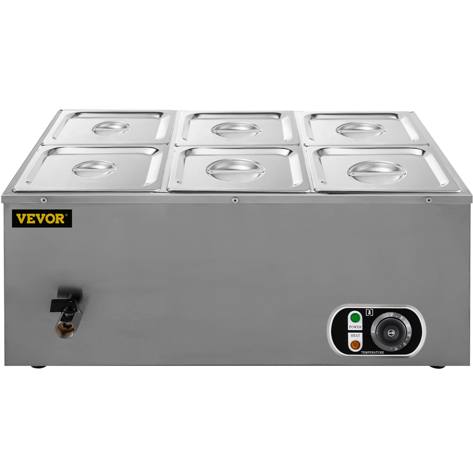 Calentador de alimentos comercial VEVOR de 110 V, 6 bandejas de acero inoxidable de 1/6 GN, capacidad de 12.6 cuartos de galón, mesa de vapor de 1500 W, 15 cm de profundidad, control de temperatura de 86-185 °C, calentador de sopa eléctrico con tapas y 2 cucharones.