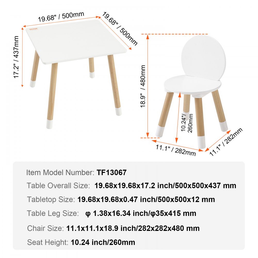 Juego de mesa para niños VEVOR con dimensiones y número de modelo de artículo tf13067, que incluye una mesa y una silla blancas.