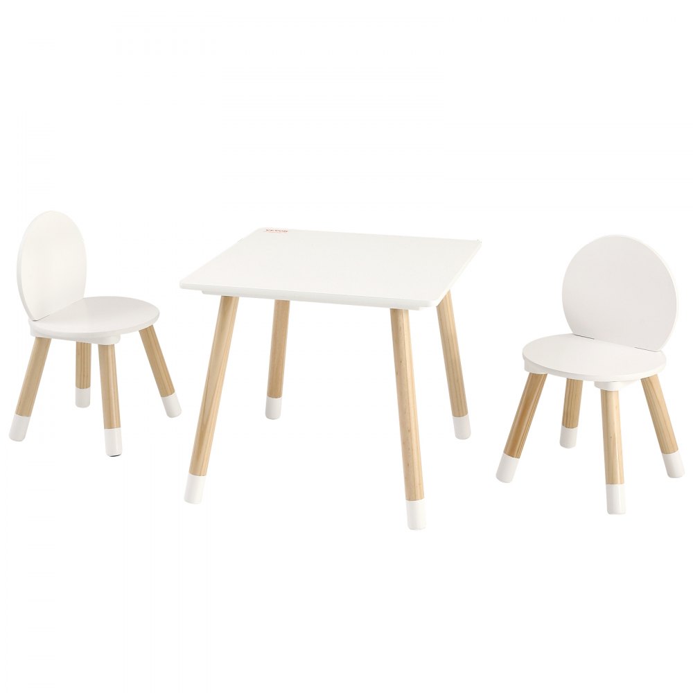 Conjunto de mesa infantil VEVOR con tablero blanco y dos sillas a juego con respaldo redondeado y patas de madera.