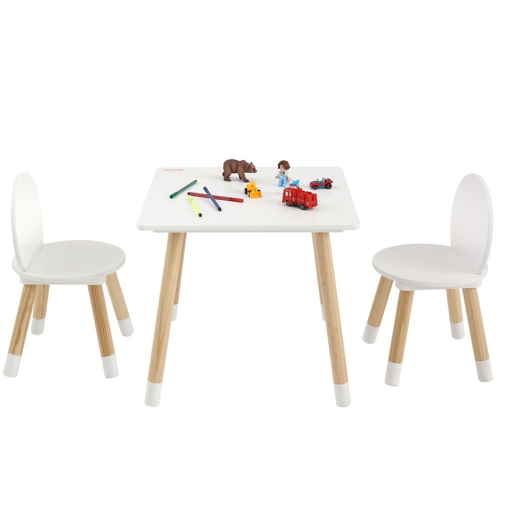 Juego de mesa infantil VEVOR blanco con patas de madera, juguetes y crayones en la mesa, dos sillas a juego.