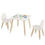 Juego de mesa infantil VEVOR blanco con patas de madera, dos sillas, crayones y bloques de construcción coloridos.