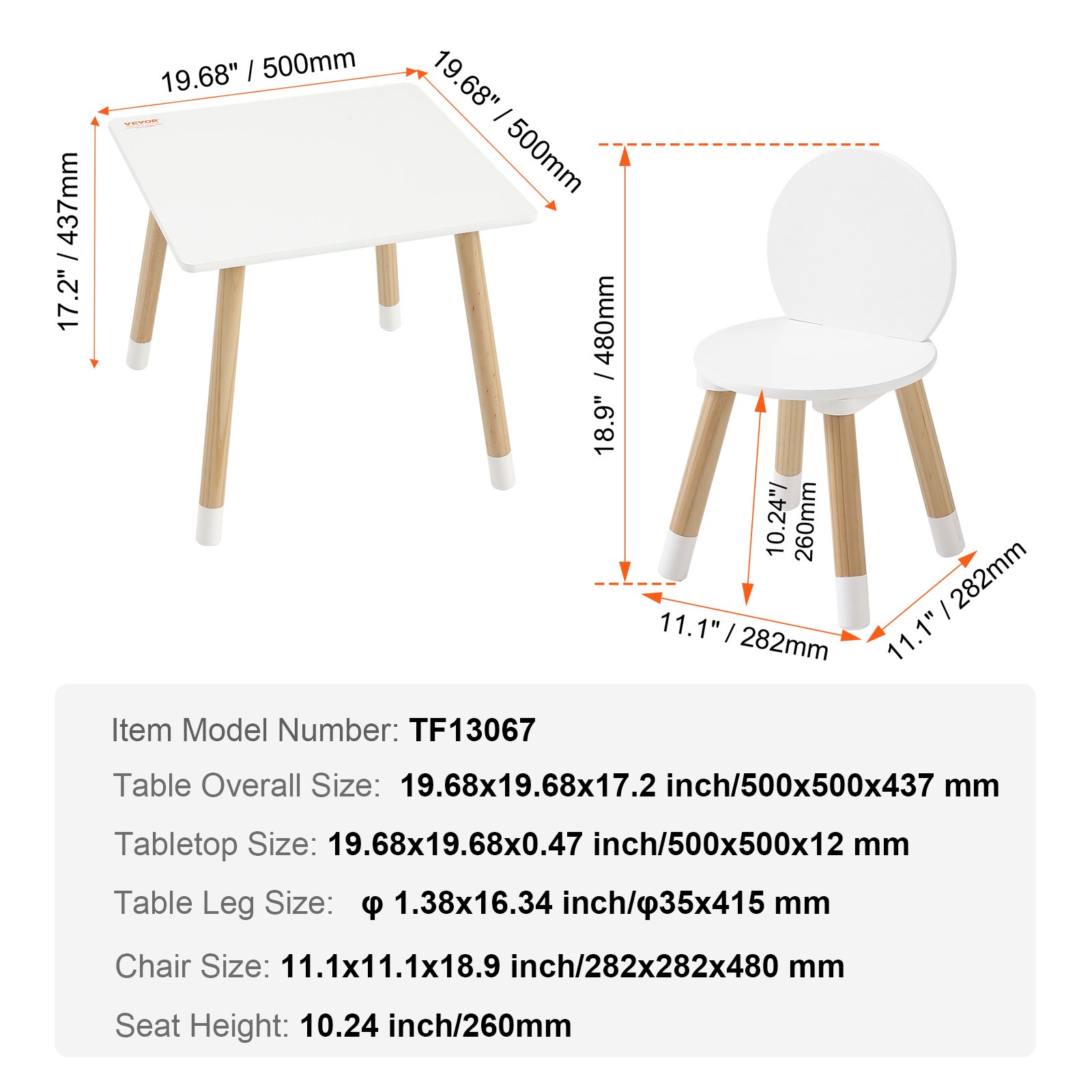 Juego de mesa para niños VEVOR con dimensiones y número de modelo de artículo tf13067, que incluye una mesa y una silla blancas.