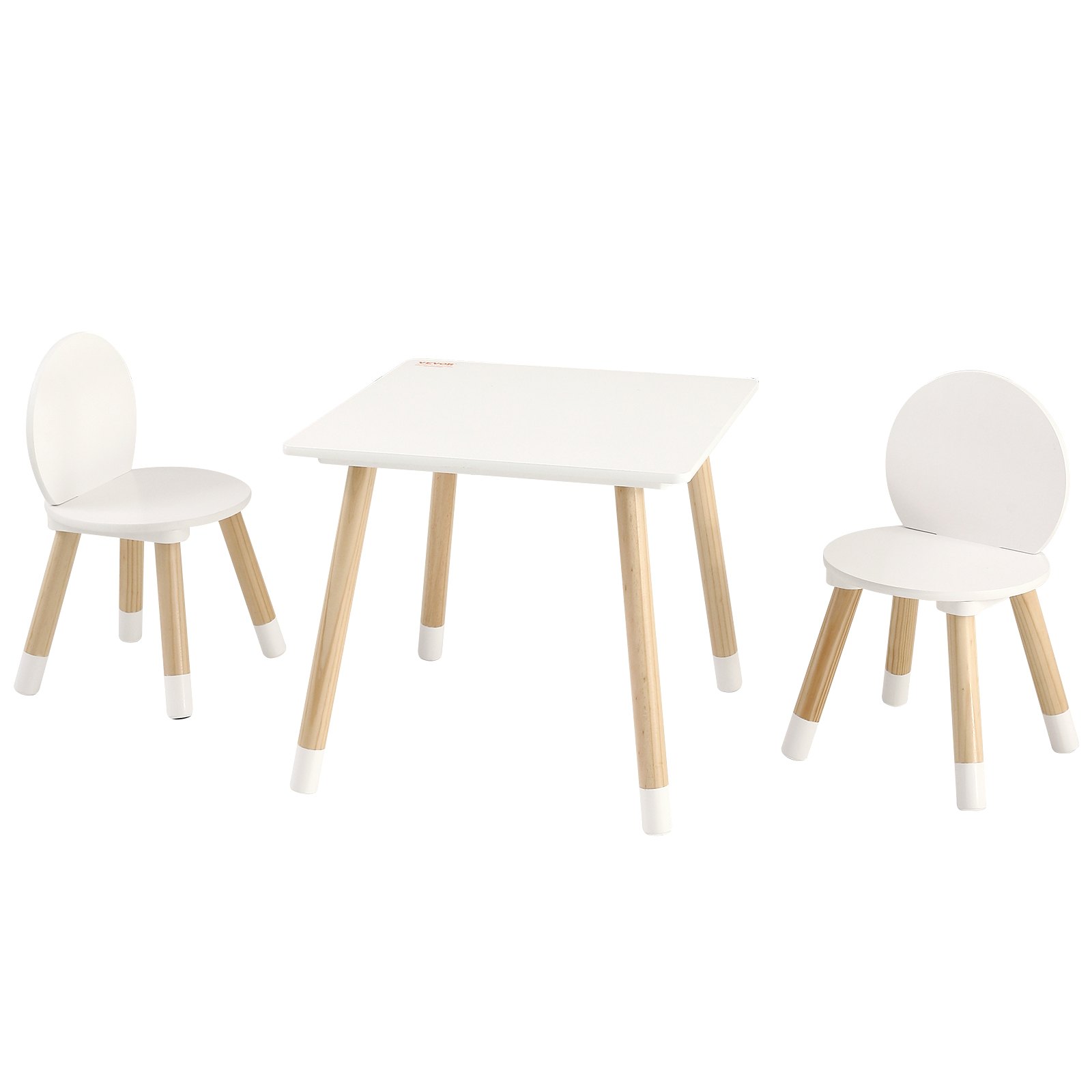 Conjunto de mesa infantil VEVOR con tablero blanco y dos sillas a juego con respaldo redondeado y patas de madera.