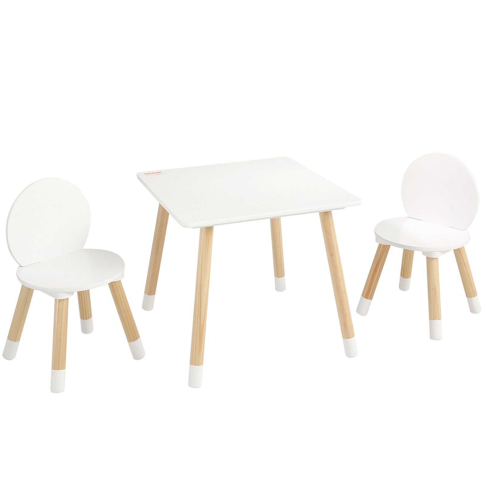 Juego de mesa para niños VEVOR que incluye una mesa blanca y dos sillas blancas a juego con patas de madera.