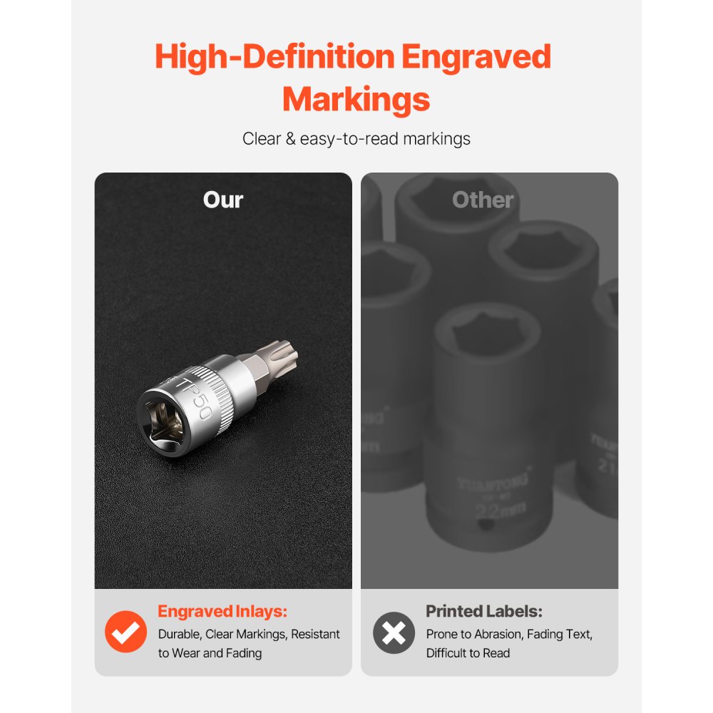 Juego de vasos Torx VEVOR, 13 piezas, Star T8-T60, acero de aleación S2 y acero Cr-V, con impulsos de 1/4", 3/8" y 1/2", con estuche de almacenamiento mejorado, vasos Torx para uso manual, mecánica y reparación de automóviles.