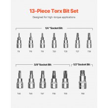 Juego de vasos con punta Torx de 13 piezas, estrella T8 - T60, acero de aleación S2 y acero Cr-V