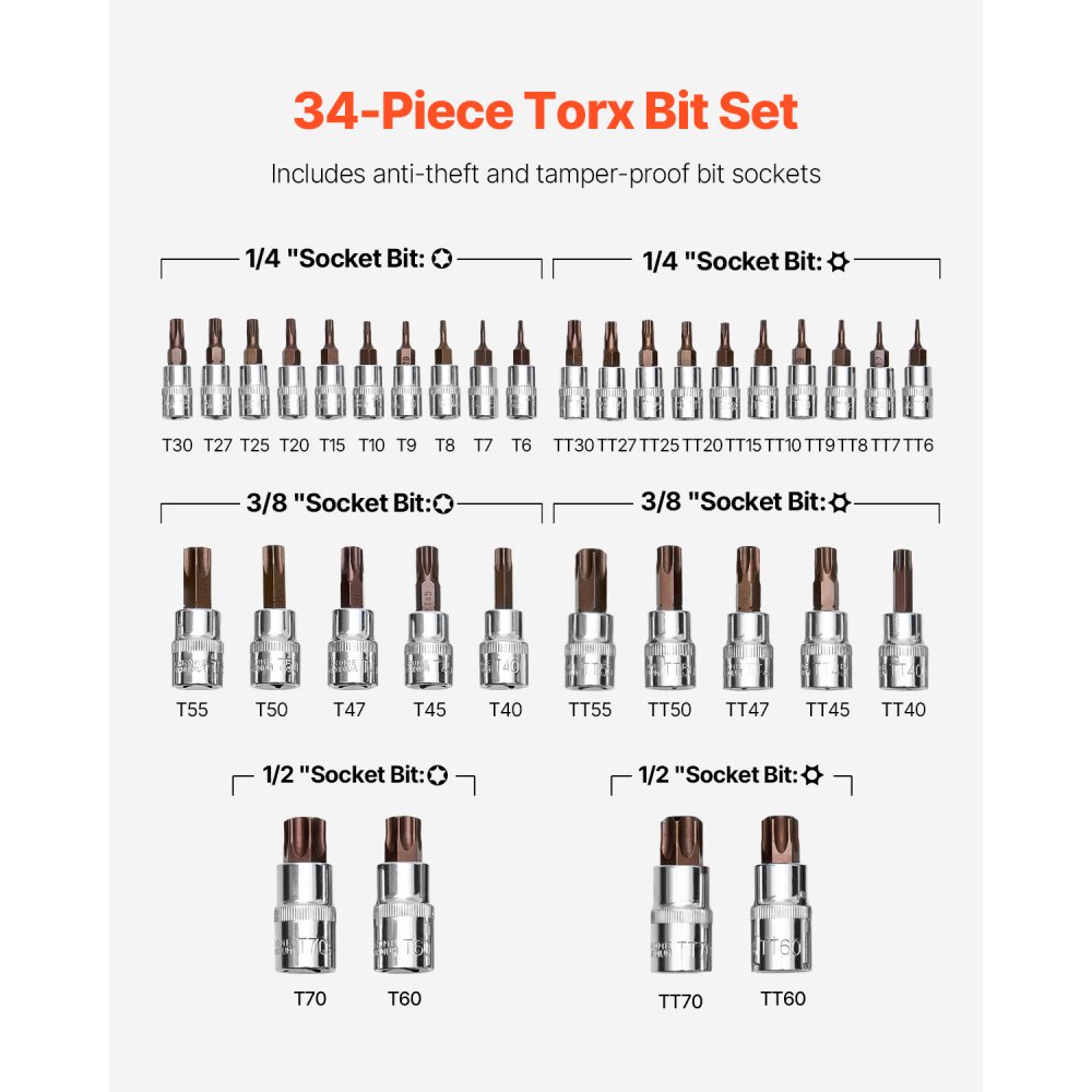 Juego de vasos Torx VEVOR de 34 piezas con punta de estrella sólida y a prueba de manipulaciones T6-T70, acero de aleación S2 y acero Cr-V, con impulsores de 1/4", 3/8" y 1/2", con estuche de almacenamiento mejorado, vasos Torx para uso manual.