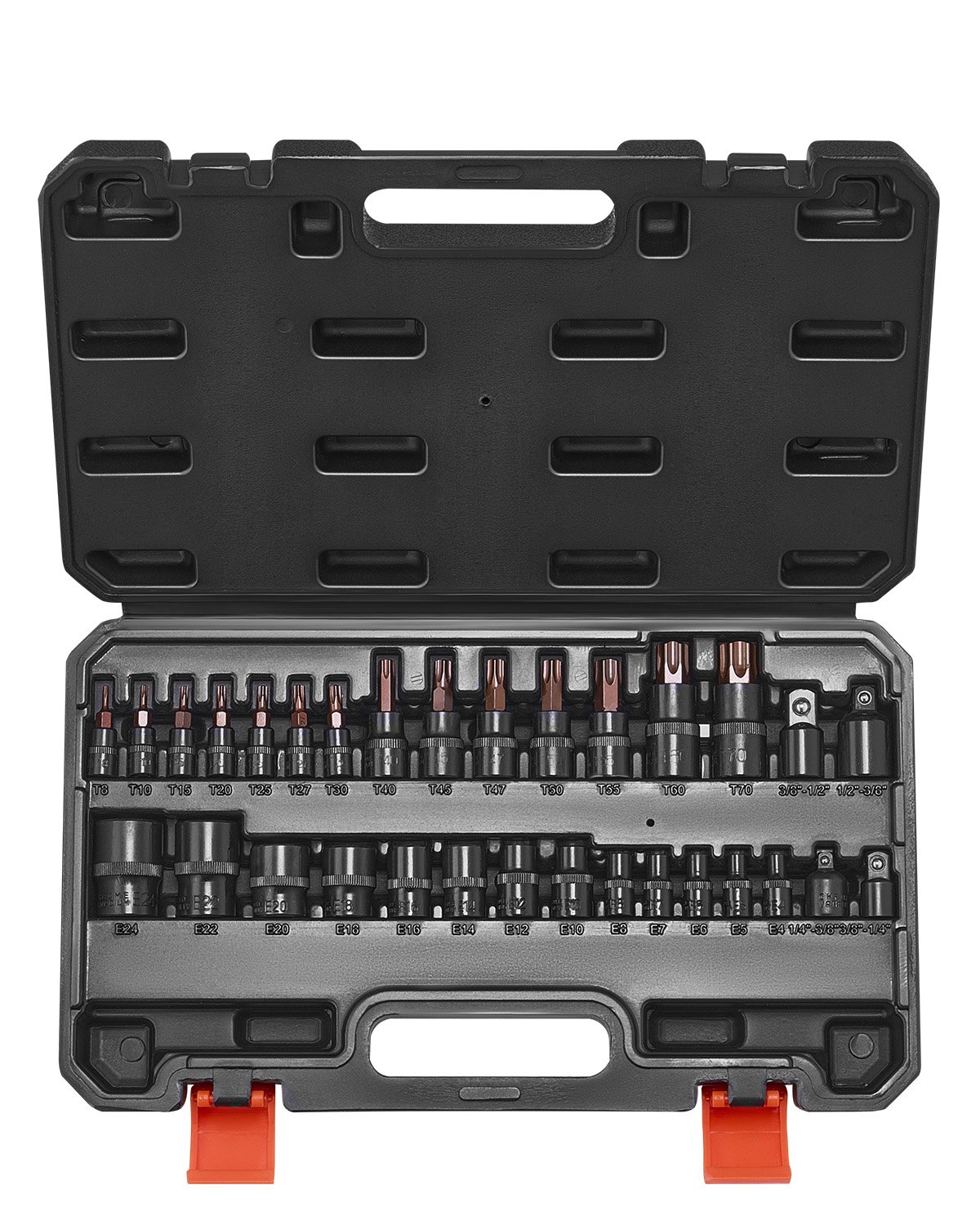 Juego de vasos Torx con punta y vasos Torx externos VEVOR, 31 piezas T8-T70 y E4-E24, acero de aleación S2 y acero Cr-V, con entradas de 1/4", 3/8" y 1/2", con adaptador y estuche de almacenamiento mejorado, para automoción.