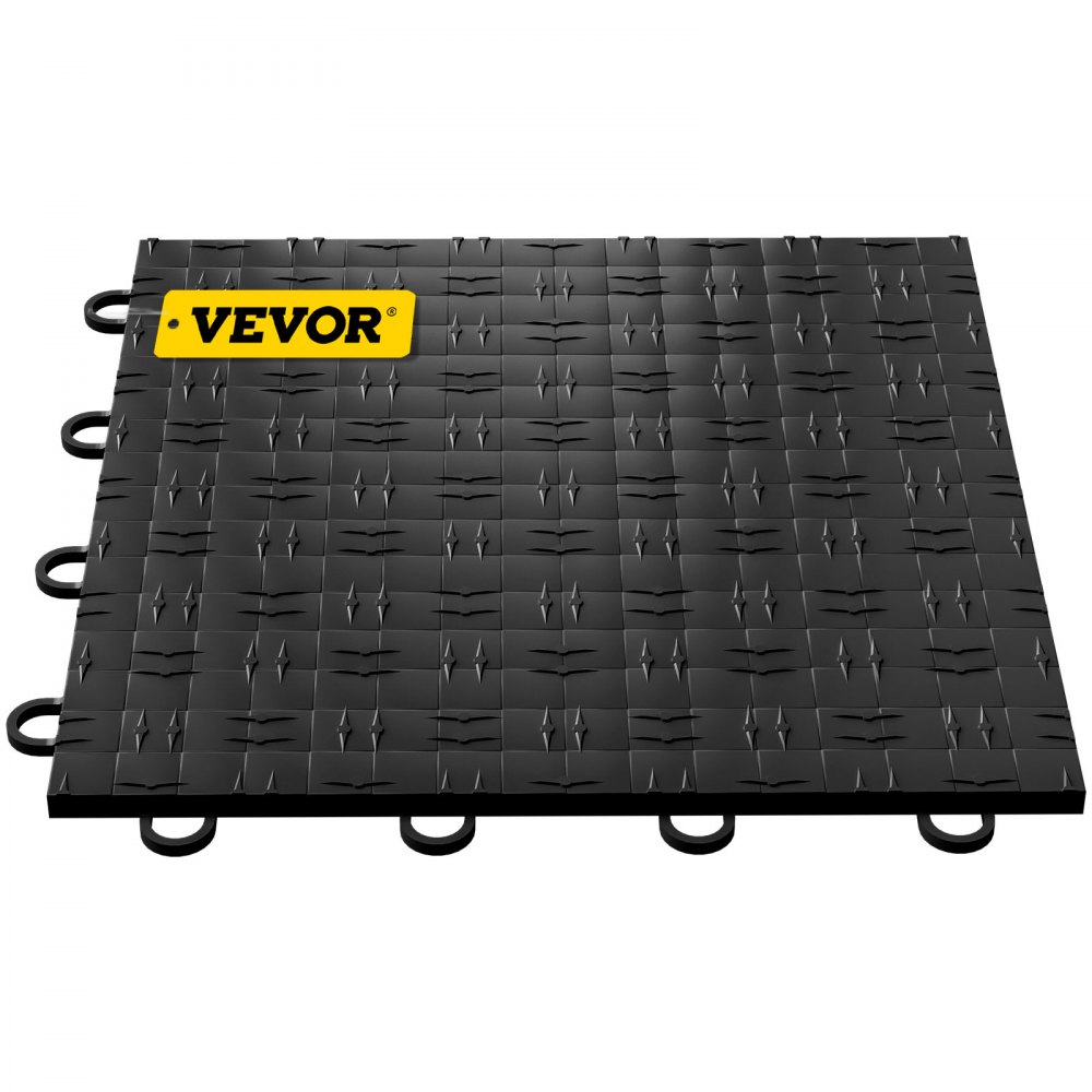 Azulejos de garaje VEVOR negros con diseño entrelazado y un logotipo VEVOR.