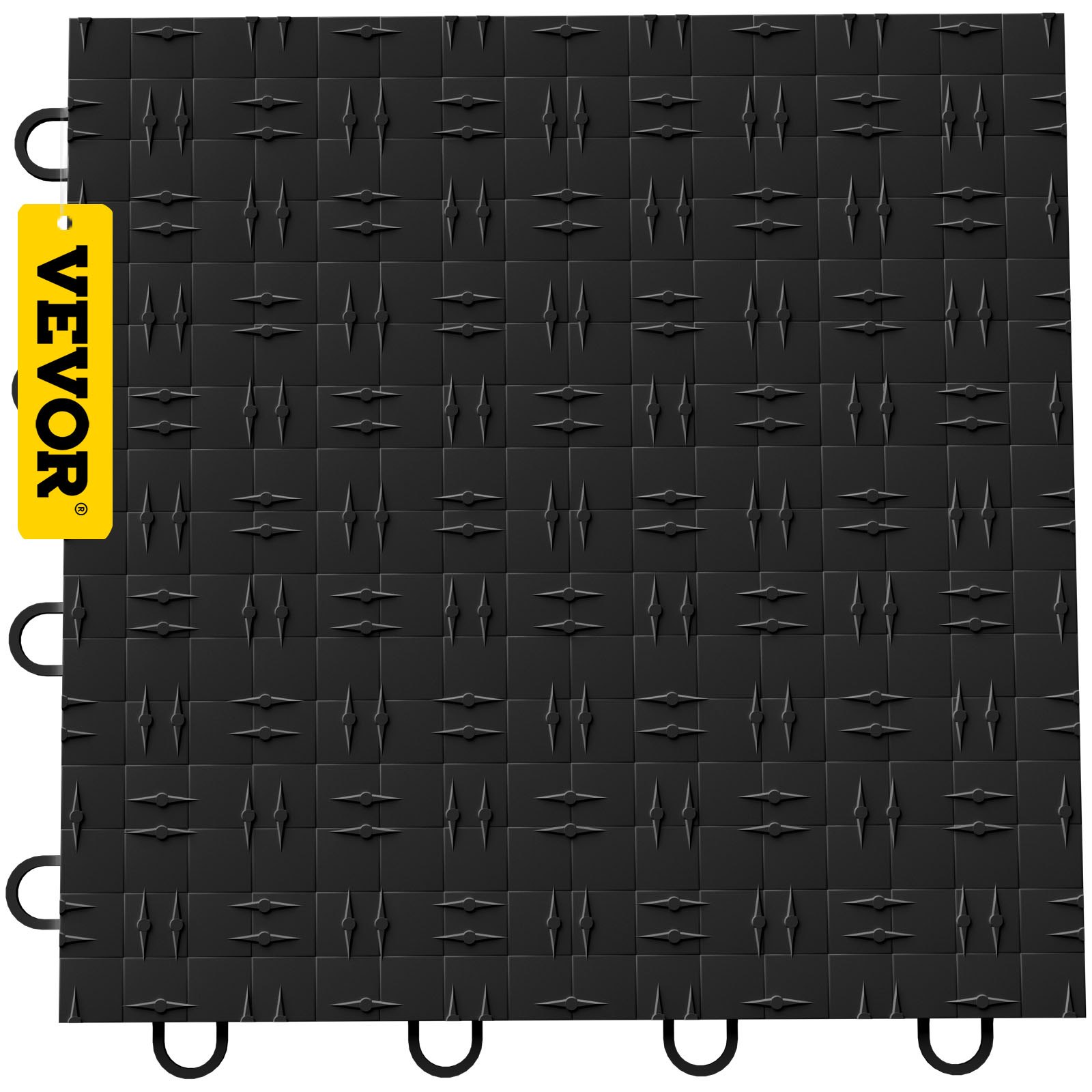 Azulejos de garaje VEVOR negros con diseño entrelazado y logotipo VEVOR amarillo en el lateral.