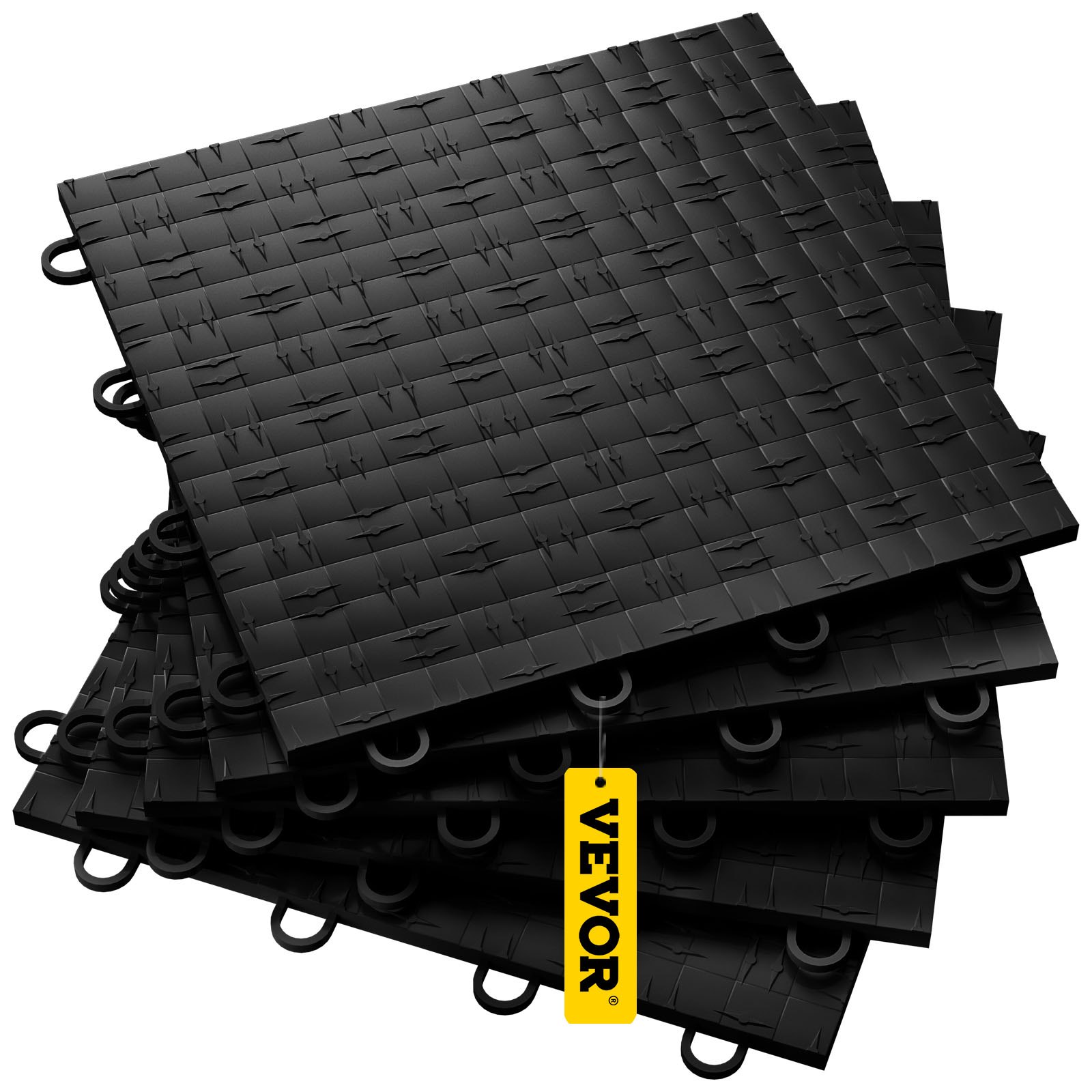 Azulejos de garaje VEVOR apilables de color negro con diseño entrelazado y etiqueta de marca amarilla.