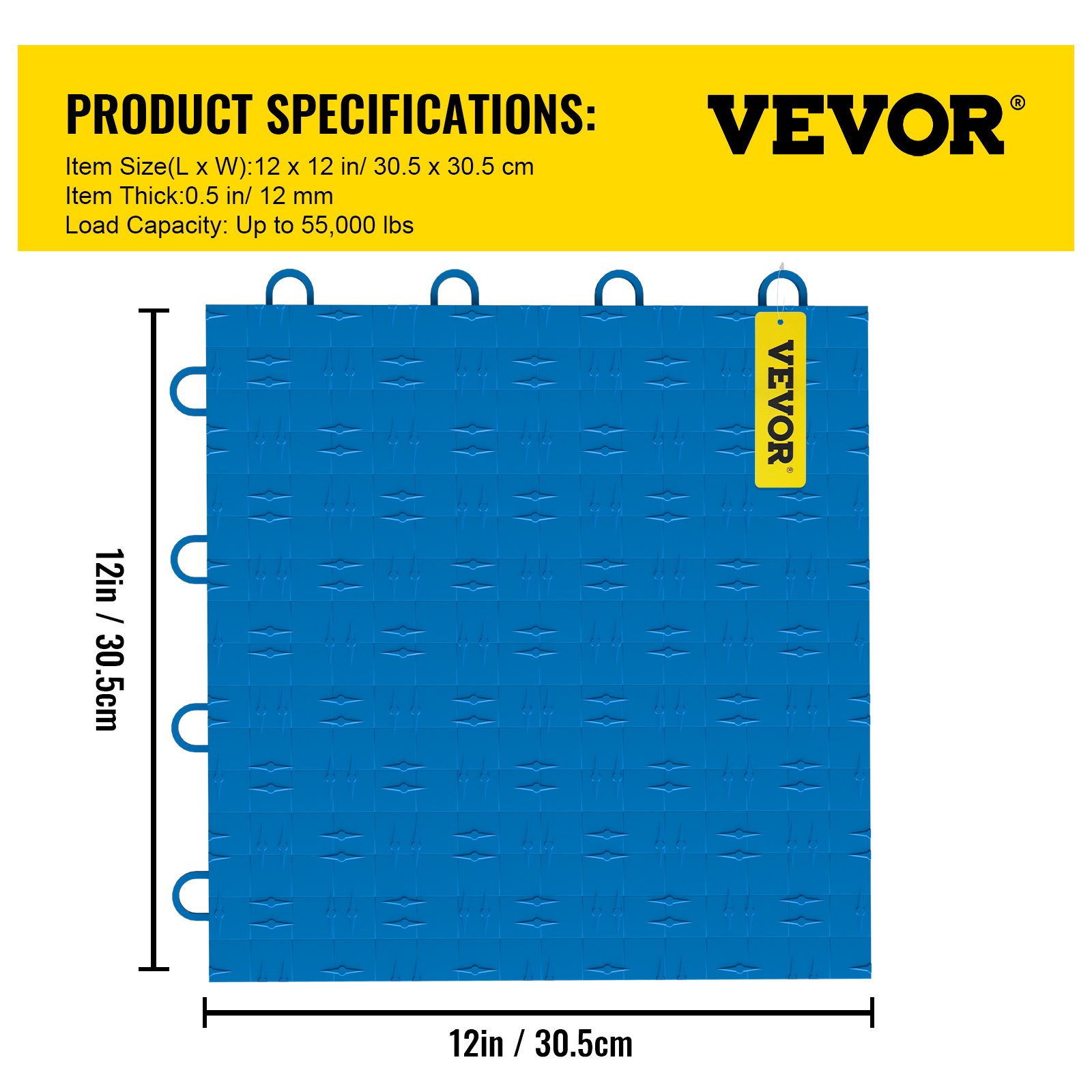Especificaciones del producto de baldosas de garaje VEVOR: 12 x 12 pulgadas, 0,5 pulgadas de grosor, azul, capacidad de 55 000 libras.