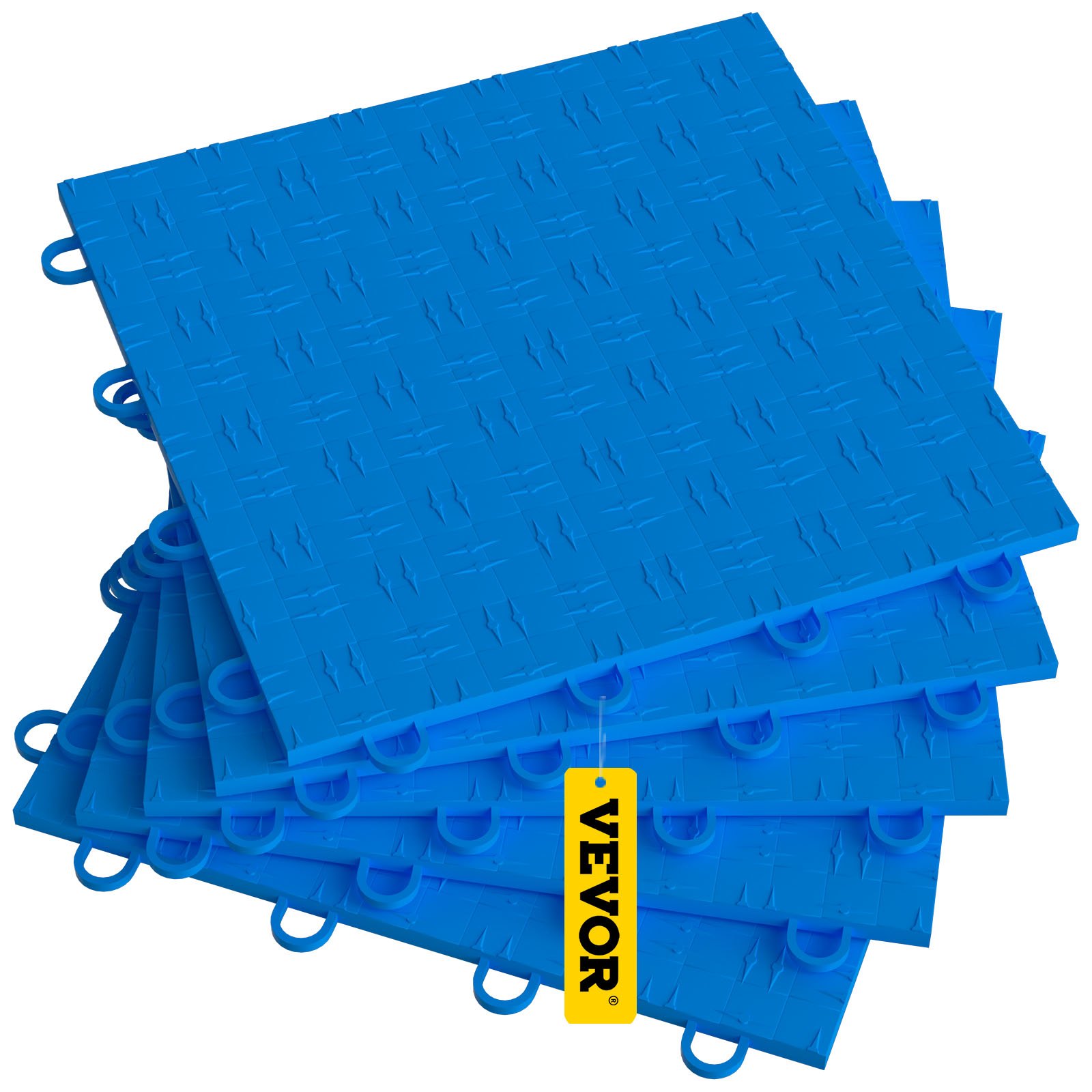 Azulejos de garaje VEVOR azules apilados con bordes entrelazados y etiqueta VEVOR colgante.