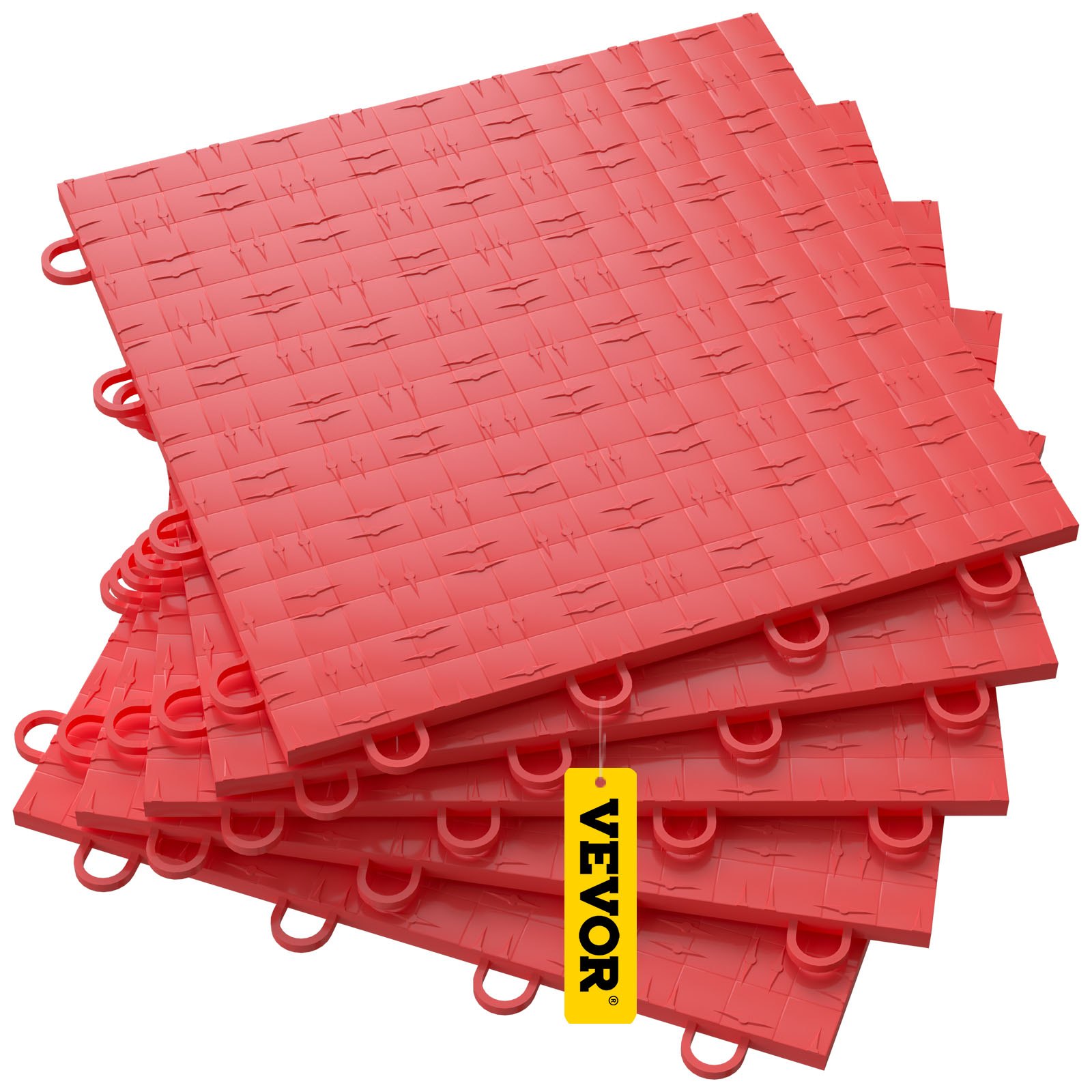 Azulejos de garaje VEVOR entrelazados de color rojo apilados con bucles de conexión visibles.