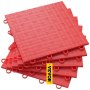 Azulejos de garaje VEVOR entrelazados de color rojo apilados con una etiqueta VEVOR amarilla adjunta.