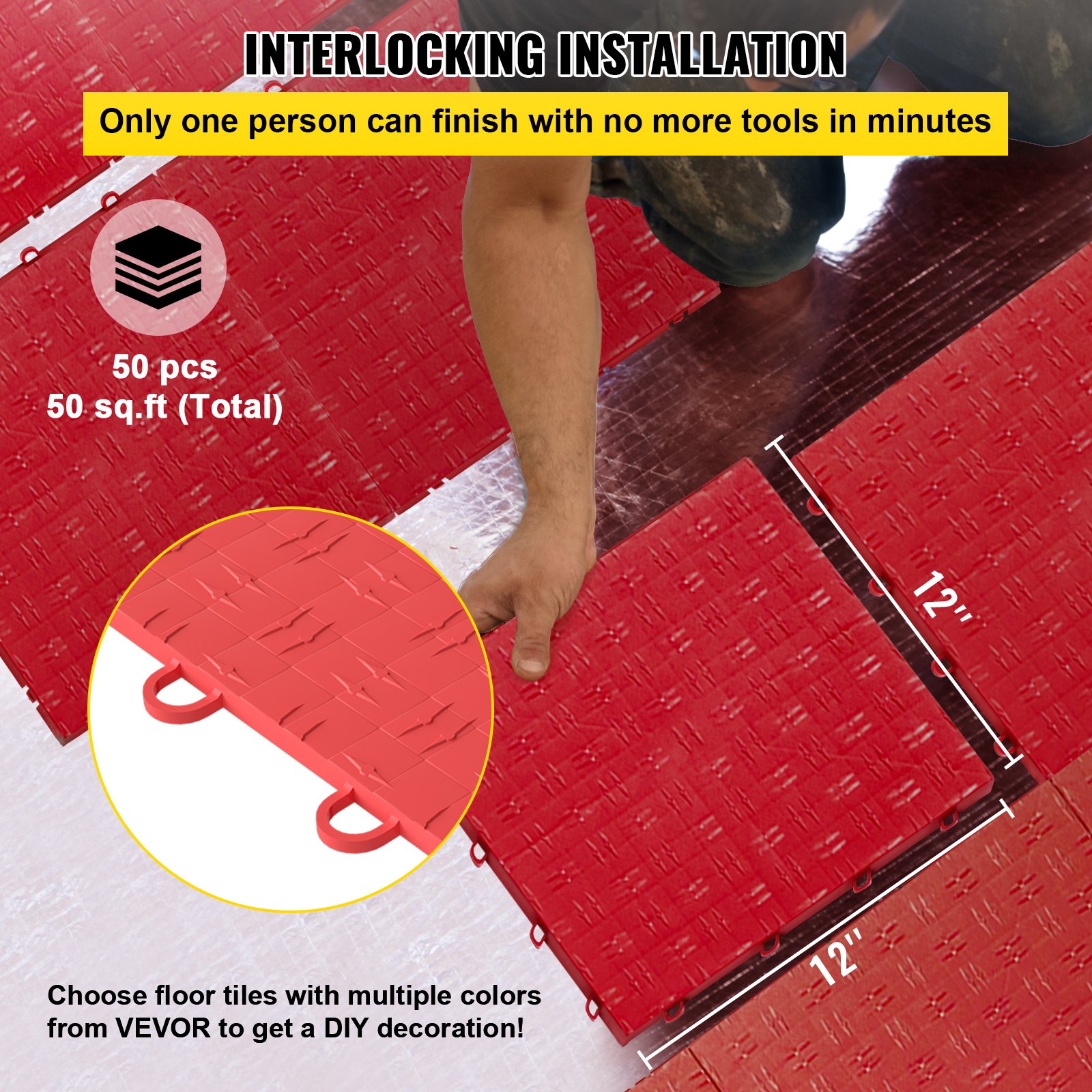 Azulejos de garaje VEVOR, entrelazados, 12&quot; x 12&quot;, color rojo, fácil instalación por una sola persona, 50 piezas.