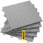Azulejos de garaje VEVOR entrelazados de color gris apilados con una etiqueta VEVOR amarilla.