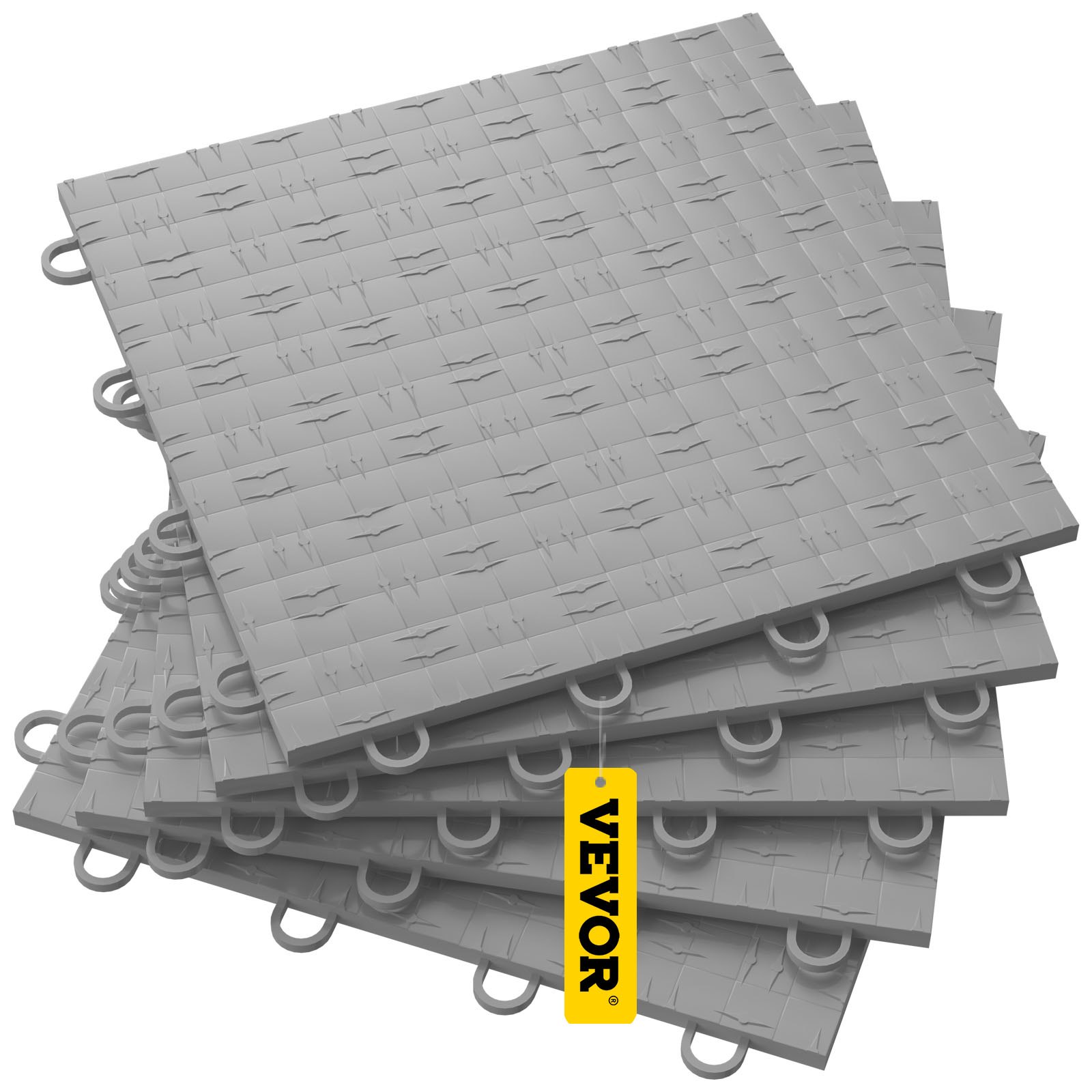 Azulejos de garaje VEVOR entrelazados de color gris apilados con una etiqueta VEVOR amarilla.