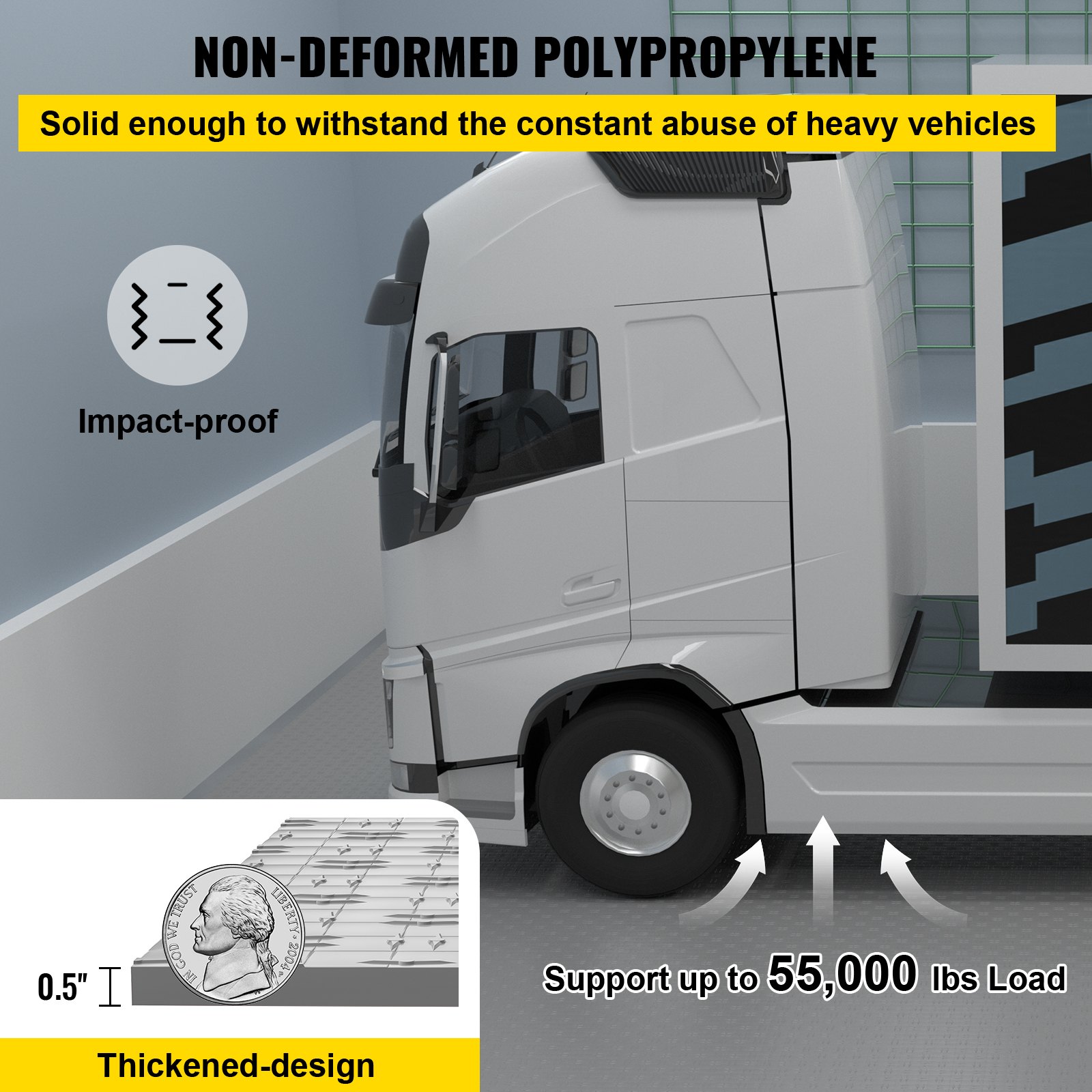 Las baldosas de garaje VEVOR resisten el uso intensivo de vehículos, son resistentes a los impactos, tienen un grosor de 0,5&quot; y soportan 55 000 lb.