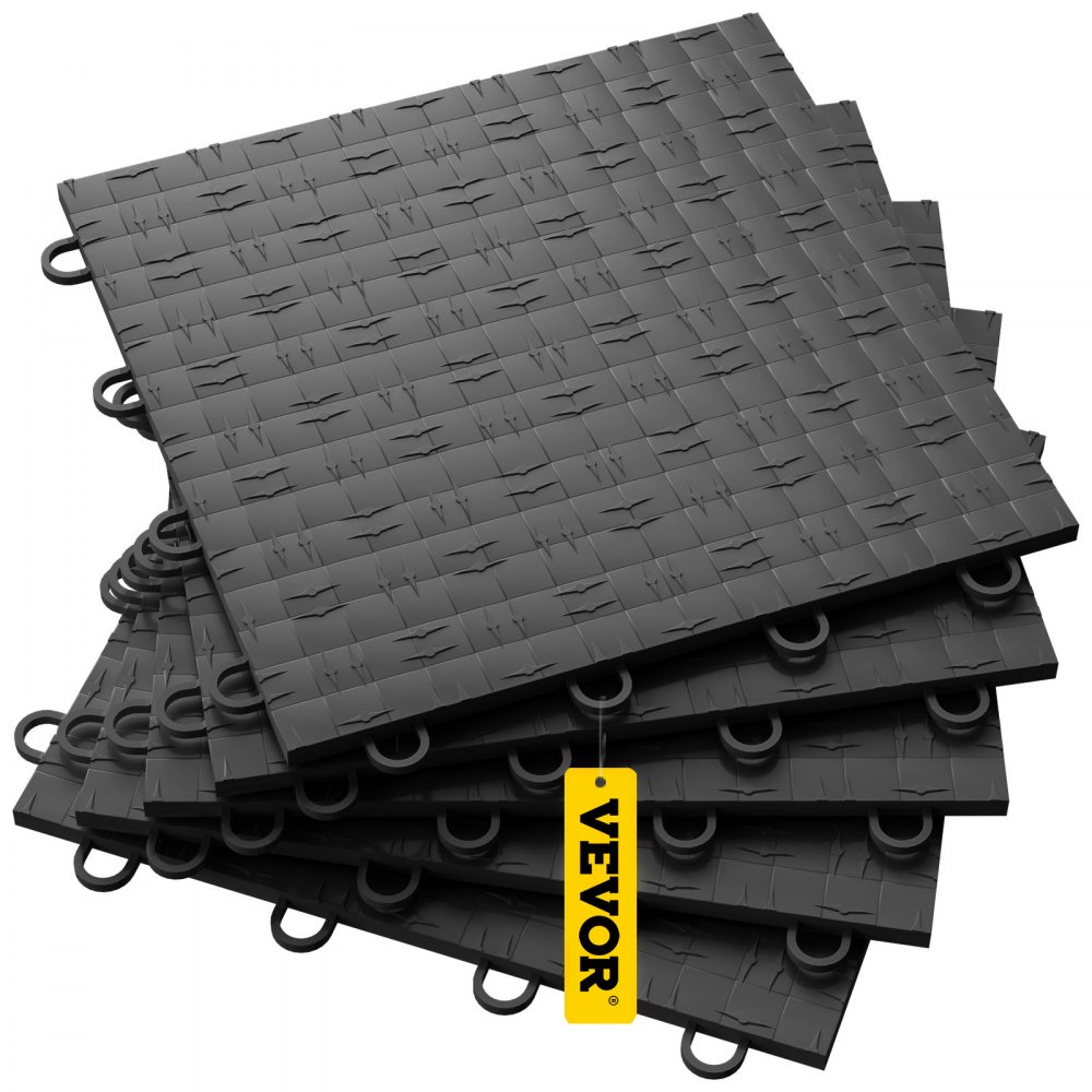 Azulejos de garaje VEVOR apilados en una pila, mostrando un diseño entrelazado en negro.
